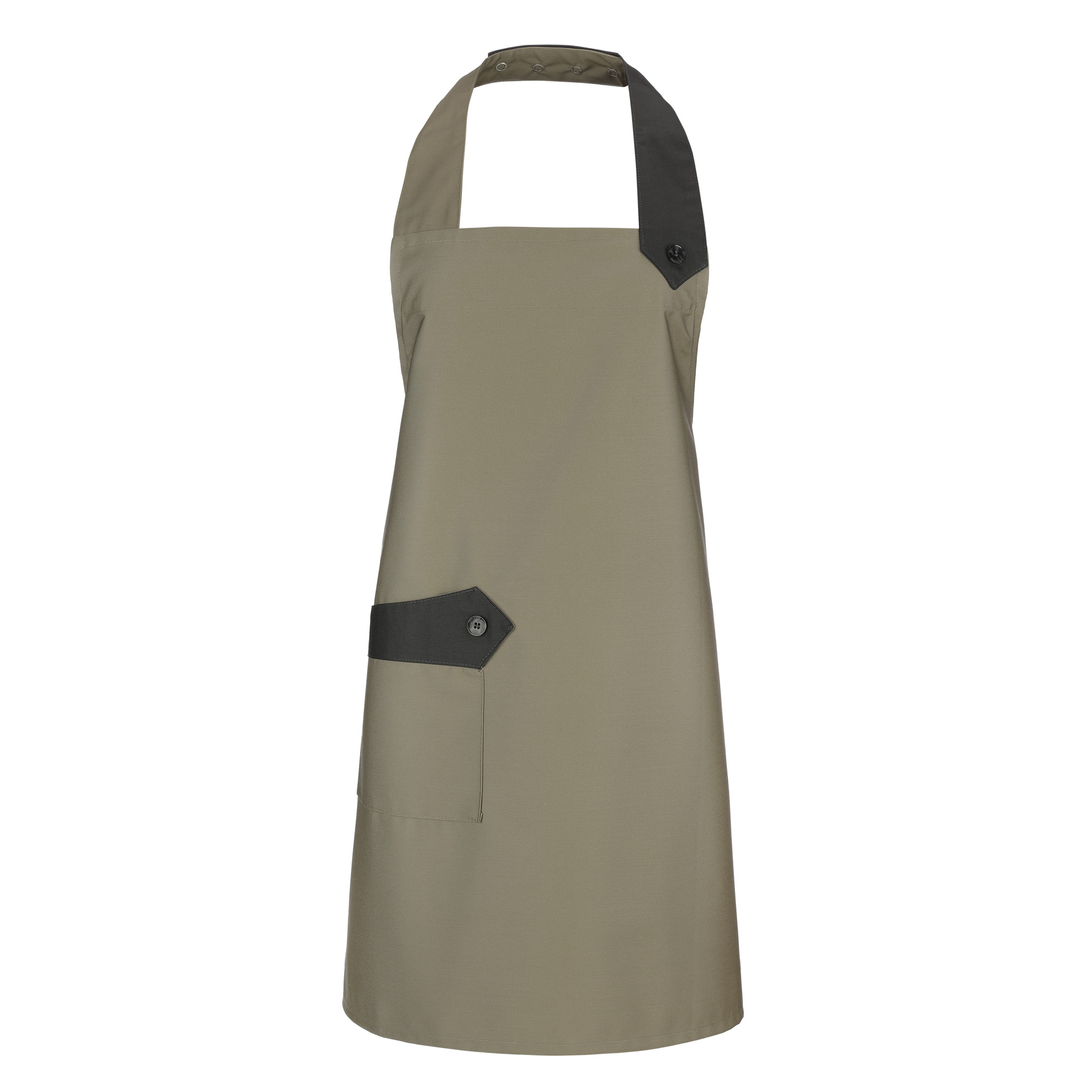 Latzschürze Emma 85 x 70 cm, khaki, Nackenband links und Taschenpatte in anthrazit
