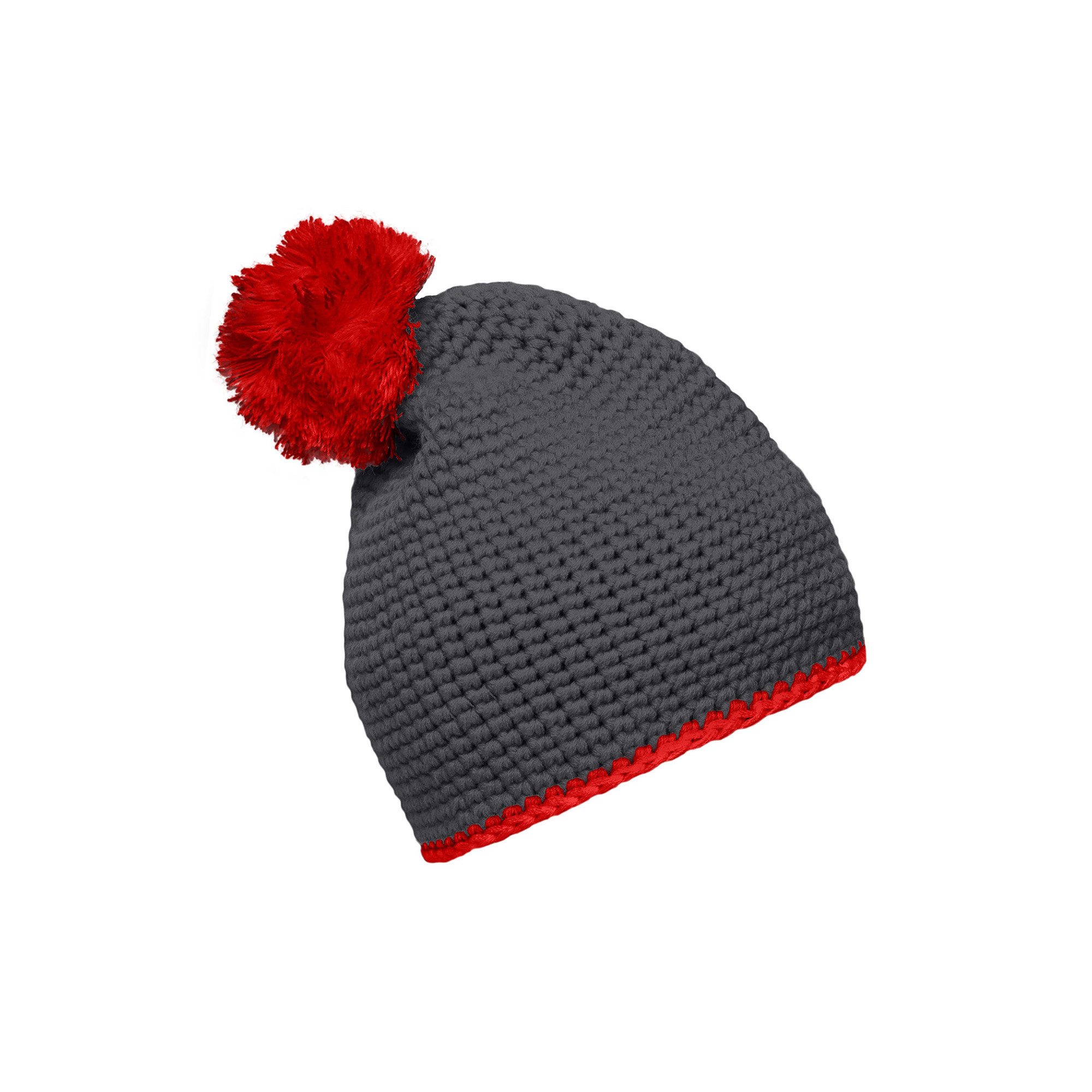 Häkelmütze mit Kontrastband und Pompom, carbon/rot
