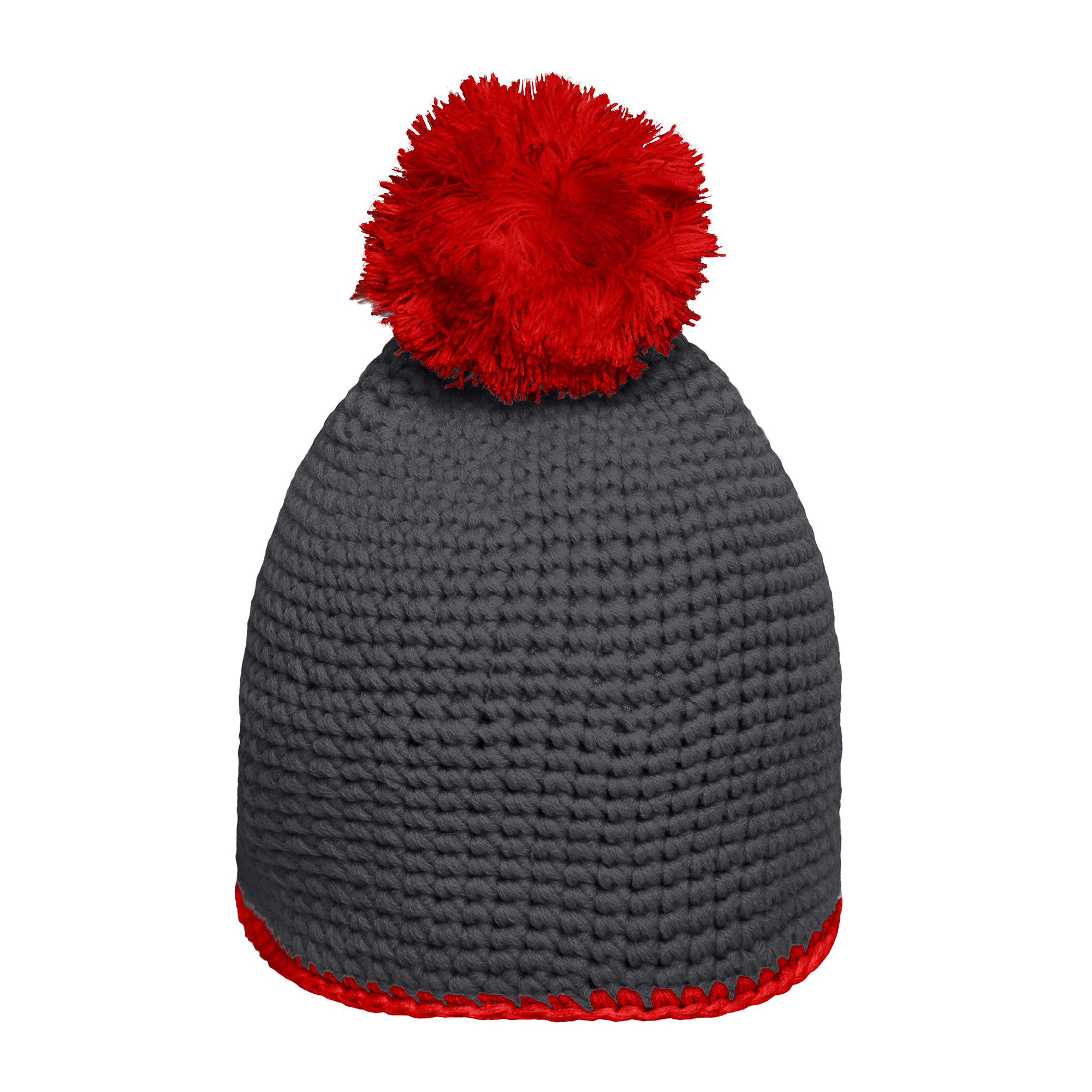 Häkelmütze mit Kontrastband und Pompom, carbon/rot