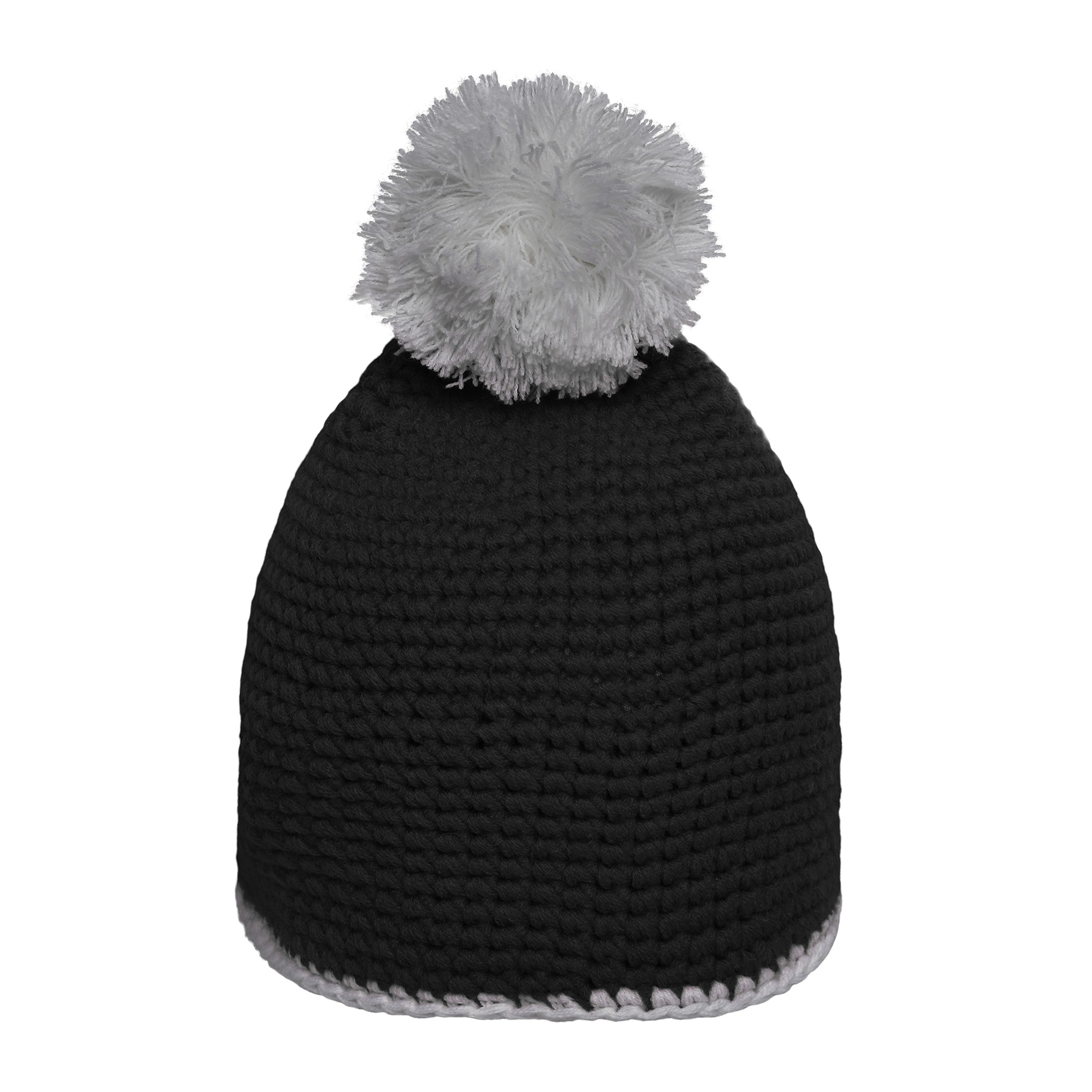 Häkelmütze mit Kontrastband und Pompom, schwarz/hellgrau