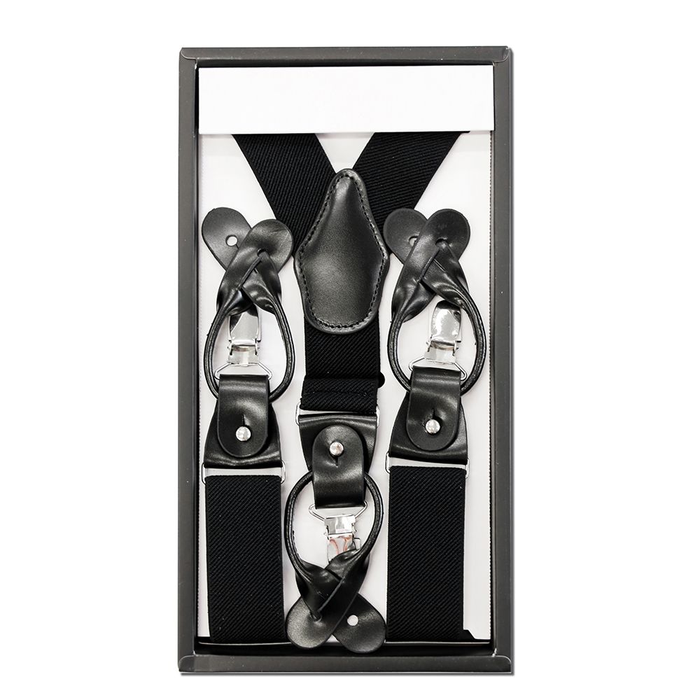 Hosenträger mit Clip und Lederhaltung für Knöpfe, schwarz in der Länge verstellbar, 3,5 cm breites