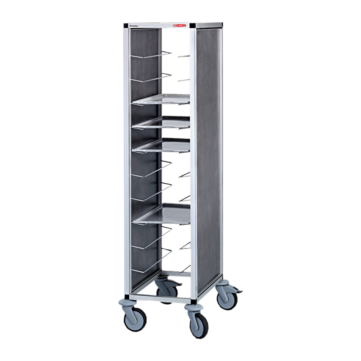 Tablettwagen MK 2, Maße 518 x 640 x 1650 mm, 9 Tablettauflagen aus Spezial-Leichtmetall-Profilen, je