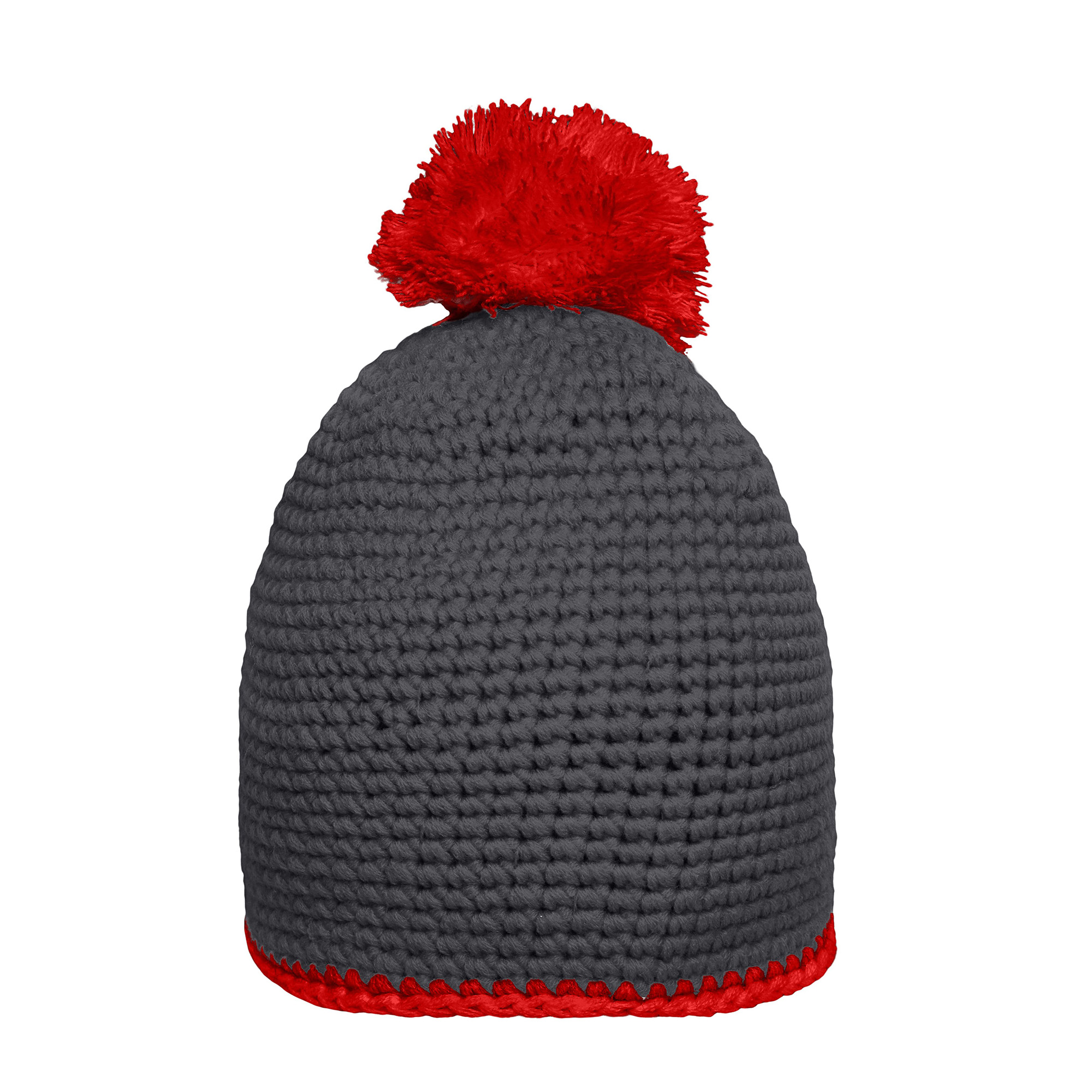 Häkelmütze mit Kontrastband und Pompom, carbon/rot