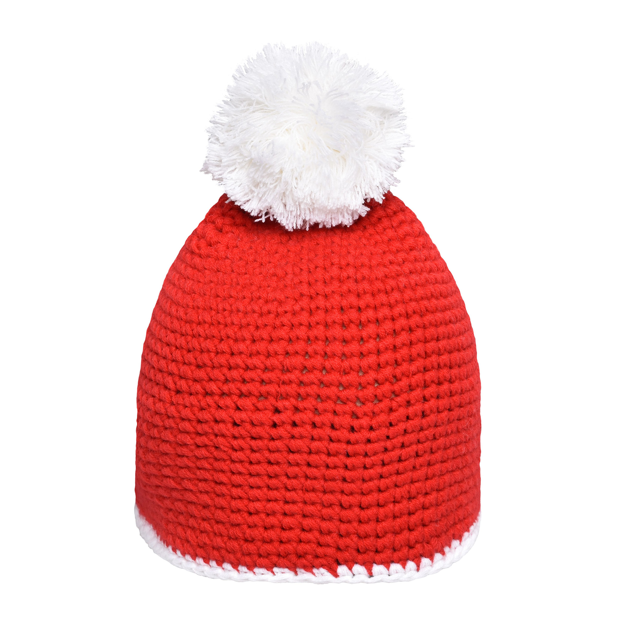 Häkelmütze mit Kontrastband und Pompom, rot/weiß