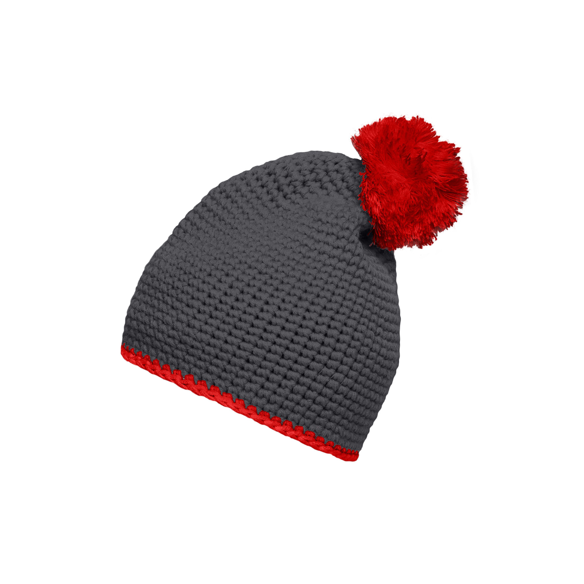 Häkelmütze mit Kontrastband und Pompom, carbon/rot